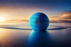 a blue sphere sitting on the water at sunset. AI-Generated photo