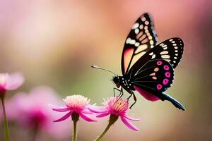 un mariposa es sentado en un rosado flor. generado por ai foto