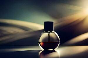 a bottle of perfume sitting on a table. AI-Generated photo