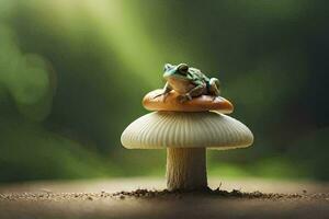 a frog sits on top of a mushroom. AI-Generated photo