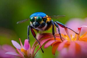 un azul y amarillo mosca en un flor. generado por ai foto