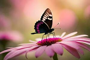 un mariposa es encaramado en un rosado flor. generado por ai foto