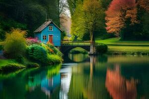 a small house sits on the edge of a lake. AI-Generated photo