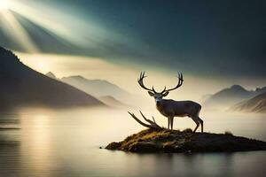 a deer stands on a small island in the middle of a lake. AI-Generated photo