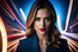 the woman is wearing a blue suit and red lipstick. AI-Generated photo