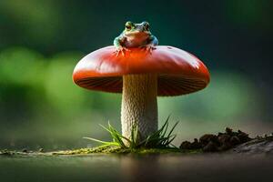 a frog sits on top of a red mushroom. AI-Generated photo