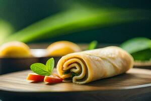 a roll of food with a green leaf. AI-Generated photo