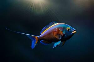 a colorful fish in the dark with light shining on it. AI-Generated photo