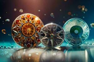 three different colored coins with water droplets on them. AI-Generated photo