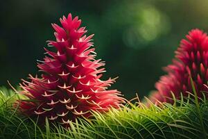 a close up of two red flowers in the grass. AI-Generated photo