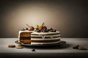 a chocolate cake with berries and chocolate frosting. AI-Generated photo