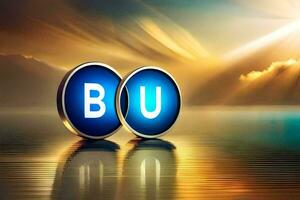 dos azul y oro botones con el palabra bu en a ellos. generado por ai foto