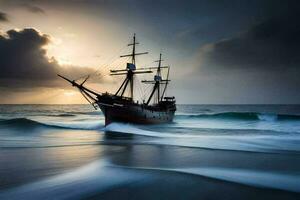 a sailing ship in the ocean at sunset. AI-Generated photo