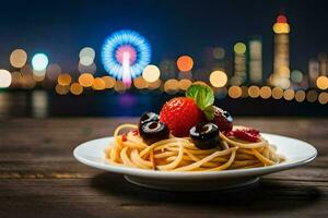a plate of spaghetti with berries and a ferris wheel in the background. AI-Generated photo