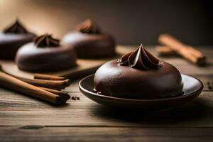 chocolate covered cakes on a wooden table. AI-Generated photo