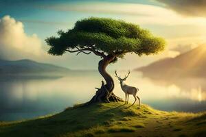 a deer stands under a tree in front of a lake. AI-Generated photo