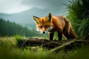 un rojo zorro es en pie en un Iniciar sesión en el medio de un campo. generado por ai foto