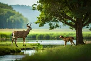 two deer stand in the grass near a river. AI-Generated photo