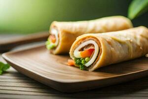 two rolls with meat and vegetables on a wooden plate. AI-Generated photo