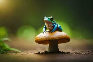 a blue frog sits on top of a mushroom. AI-Generated photo