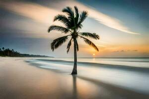 a palm tree stands alone on a beach at sunset. AI-Generated photo