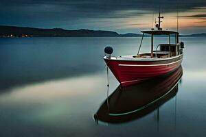 un rojo barco sentado en el agua a oscuridad. generado por ai foto