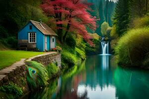 a blue house sits next to a waterfall in the forest. AI-Generated photo