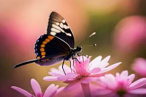 un mariposa es sentado en un rosado flor. generado por ai foto