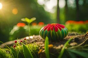 a colorful flower sits on top of a green grassy area. AI-Generated photo