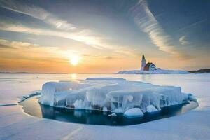 a lighthouse in the middle of an ice floe. AI-Generated photo