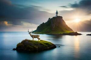 a deer stands on a rock in front of a lighthouse. AI-Generated photo