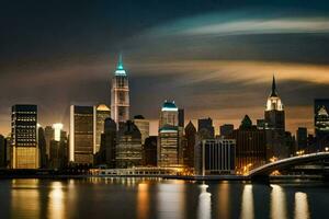 el Manhattan horizonte a noche. generado por ai foto