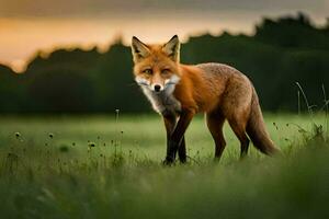 un zorro es en pie en un campo a puesta de sol. generado por ai foto