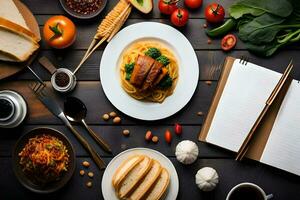 un mesa con comida y un cuaderno en él. generado por ai foto