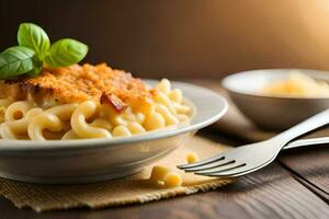 un plato de macarrones y queso con un tenedor. generado por ai foto