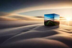 un cubo sentado en parte superior de un Desierto con un puesta de sol en el antecedentes. generado por ai foto