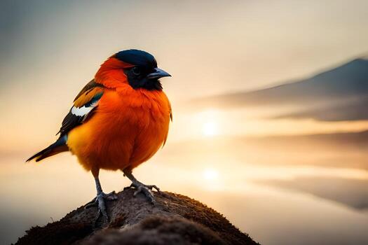 a colorful bird sits on a log in front of the sun. AI-Generated photo