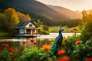 the peacock is standing in front of the house. AI-Generated photo