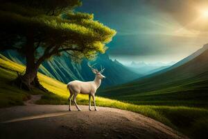 a white deer stands on a path in the mountains. AI-Generated photo