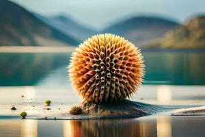 a spiky ball of wood sits on the shore of a lake. AI-Generated photo