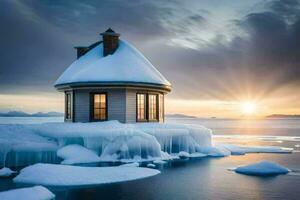 un casa sentado en parte superior de un hielo témpano de hielo. generado por ai foto