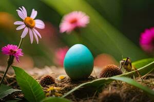 the blue egg in the middle of the flowers. AI-Generated photo