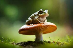 a frog sitting on top of a mushroom. AI-Generated photo