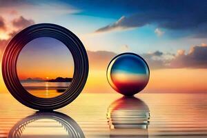 a mirror and a ball on the water. AI-Generated photo