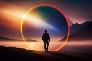 a man standing in front of a circular light. AI-Generated photo