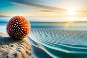 un puntiagudo pelota se sienta en el arena a puesta de sol. generado por ai foto