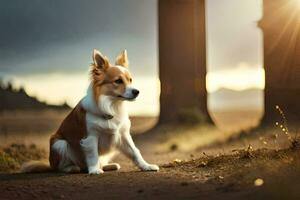 a dog sitting on the ground near a bridge. AI-Generated photo