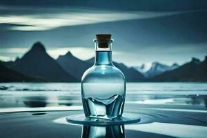 a bottle of water sitting on the water with mountains in the background. AI-Generated photo