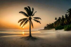 a palm tree stands on a beach at sunset. AI-Generated photo