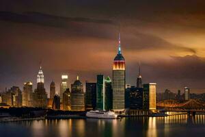 the city skyline at night with the empire state building in the foreground. AI-Generated photo